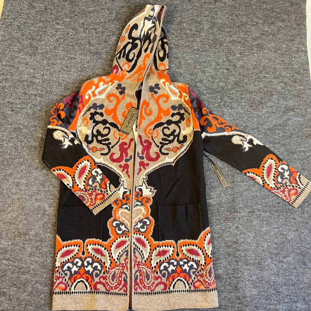 NWT Maxsport Womens Paisley Hooded Sweater Boho Cowgirl Black Orange Sz M